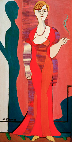 Mujer rubia con vestido rojo. Retrato de Elisabeth Hembus de Ernst Ludwig Kirchner
